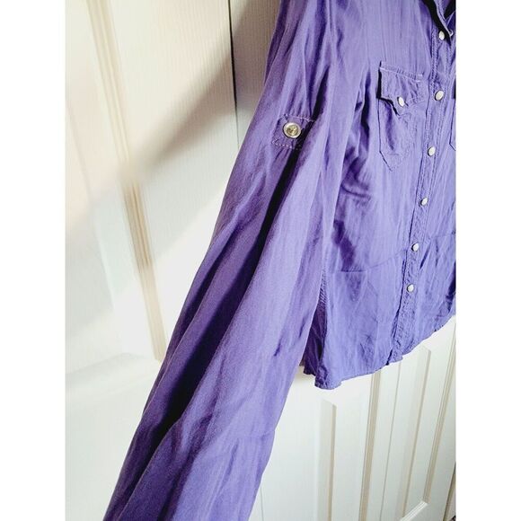 True Religion XS Pearl Snap Western Buttoned Shirt Crystal Logo Pockets Purple - Picture 7 of 10